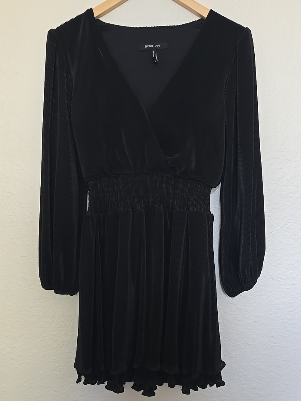 BCBG Black Ribbed Velvet Long Sleeve Smocked-Waist Mini Dress